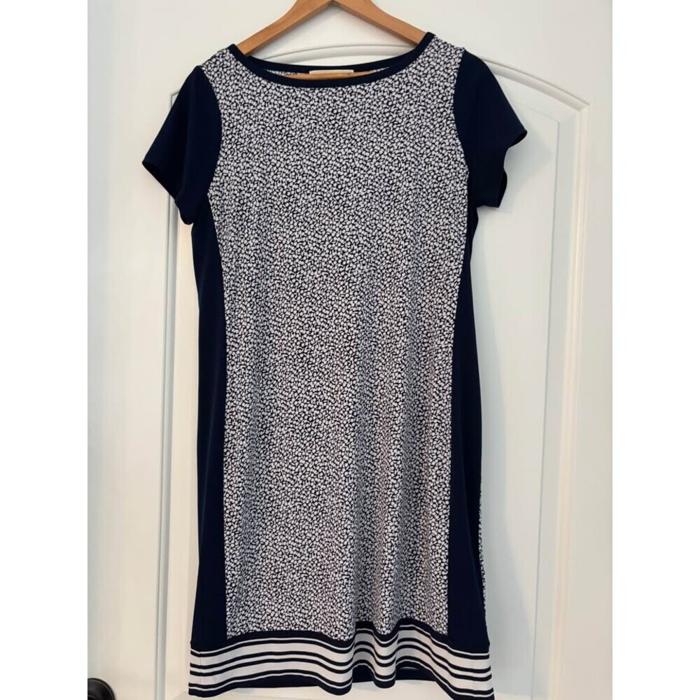 MICHAEL Michael Kors M True Navy & White Ditsy Floral Shift Dress – Striped Hem